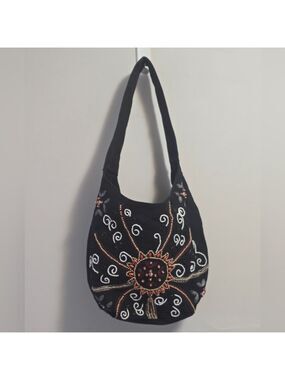 Rachel Black Embroidered Shoulder Bag with Bead Detailing